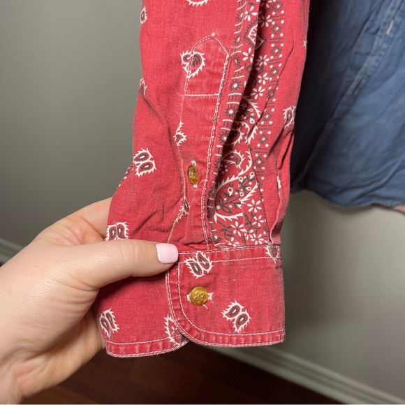 Vintage American blue men denim bandana red print long sleeve men button down XL - Picture 6 of 7